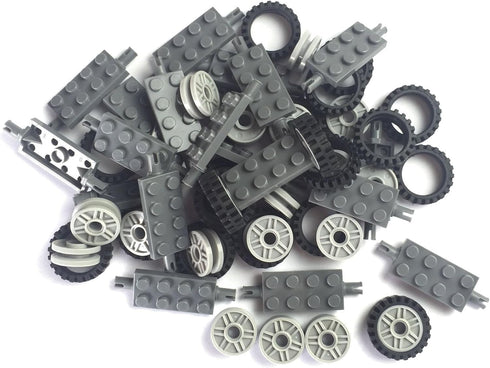 24mm x 7mm Tire, Wheel and Long Axles - 50 Pieces Brick Building Chassis Education Wheels Set