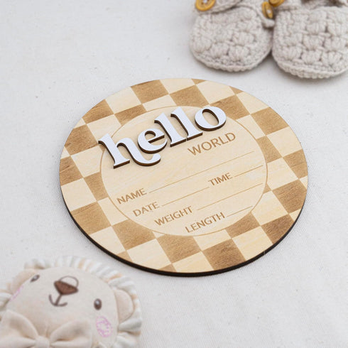 TTMerriwood 6.5 Inch Baby Announcement Sign Wooden Hello World Newborn Welcome Sign Birth Name (Checkered)