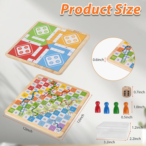 12 Inch 2-in-1 Set Wooden Ludo & Snakes Board Game, Reversible Travel with Storage Bag & Organizer Box (All-in-One