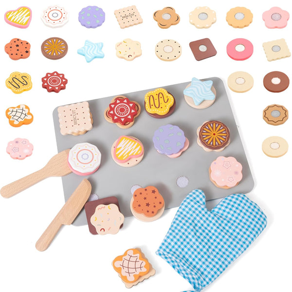 28pcs Wooden Cookie Maker Toy Kitchen Accessories, Kids Play Kitchen Cutting and
