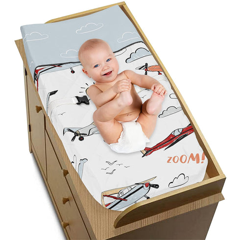 Sweet Jojo Designs Vintage Airplane Boy Baby Nursery Changing Pad Cover - Grey Yellow Orange Red White and Blue