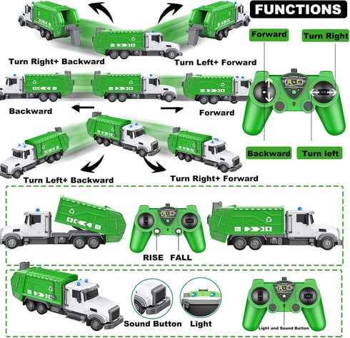 2.4Ghz Remote Control Garbage Truck Toys - 1/24 RC Truck with 4 Trash Cans, 6 Channel Remote Control, Gifts for Boys 3+