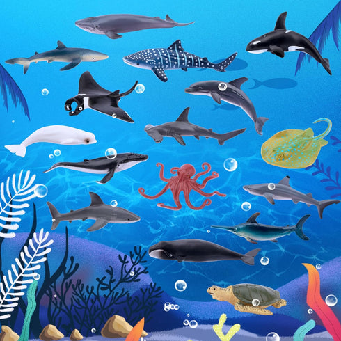 TOYMANY 24pcs Mini Ocean Animal Figurines, Realistic Cake Toppers with Sharks, Whales & Octopus for Kids' Parties and