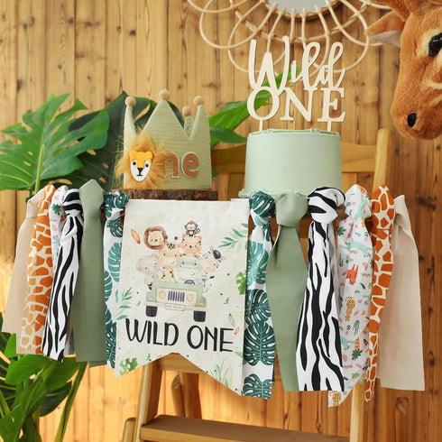 Jungle Theme High Chair Birthday Banner for Boys - Wild One Party Decor