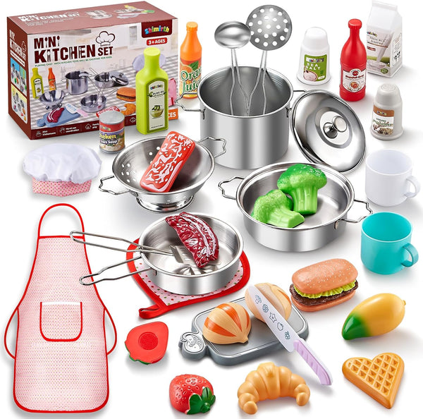 Shimirth 37PCS Pretend Play Kitchen Accessories, Kids Kitchen Playset Stainless Steel Play