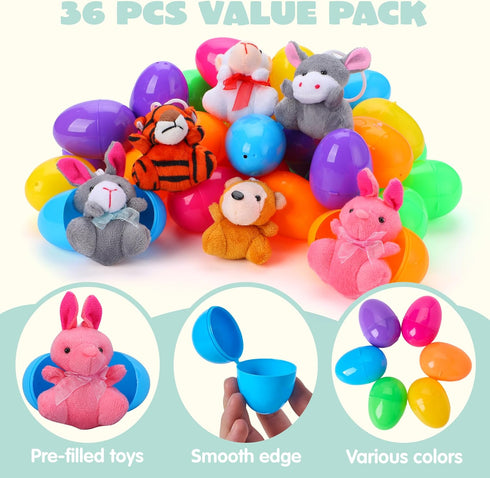 36 JOYIN Pcs Pre-Filled Easter Eggs Filled with Plush Animal Toys for Kids Toddlers Easter Egg Hunt, Basket Stuffers