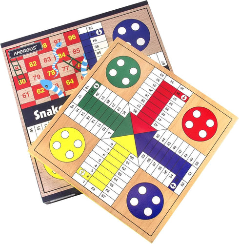 12 inches 2 1 1-4 Set Packed) AMEROUS Wooden Ludo Board Game - Snakes and Ladders, in Reversible, Players Family Dice