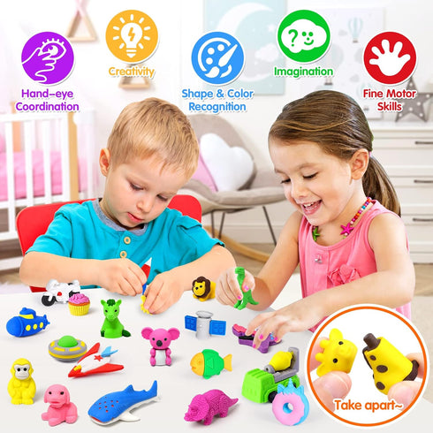 70 Pack Animal Erasers for Kids - 3D Puzzle Mini Erasers, Classroom Supplies, Bulk Desk Toys, Party Favors