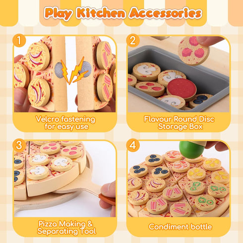 iLuckinSpri Set 68PCS Counter Playset 3+ Wooden Pizza Toy for Kids, Montessori Pretend Play Food Toys, Wooden Pizza