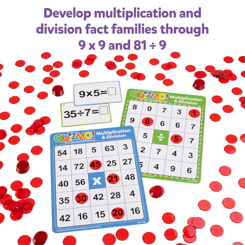 QUIZMO Bingo Style Math Game - Multiplication & Division - 2 Game Modes for Ages 8+ - Teach Basic Mathematics