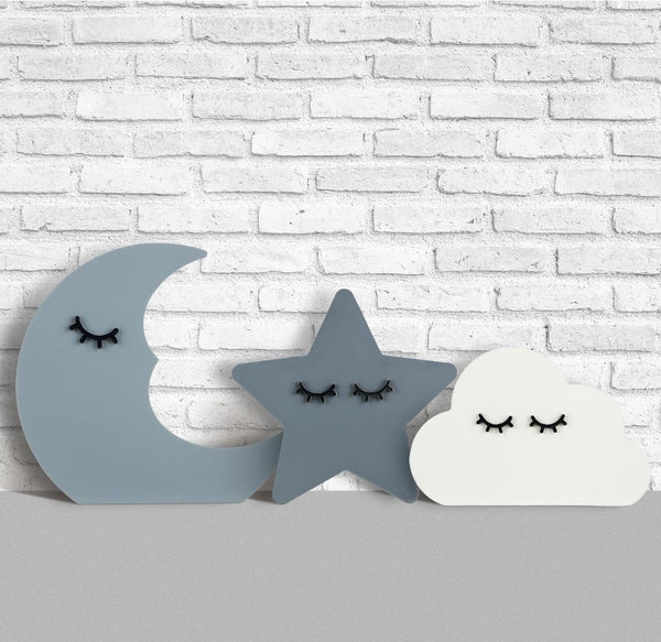 Briwooody 3 Pcs Moon Stars and Cloud Celestial Nursery Decor Bohemian Wood Nursery