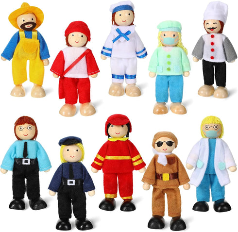 10 Pcs Wooden Dollhouse Family Set, Mini People Figures for Pretend Play Dollhouse Accessories (Fresh Style)
