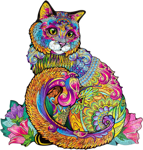 Wooden Jigsaw Puzzle - Cat Animal-Shaped Fantasy Puzzle, 208 Unique Pieces, Size King (17.7" x 16.9")