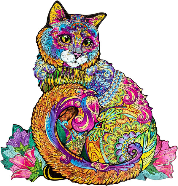 Wooden Jigsaw Puzzle - Cat Animal-Shaped Fantasy Puzzle, 208 Unique Pieces, Size King (17.7" x 16.9")
