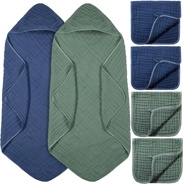 VitalCozy 6 Pcs Baby Muslin Hooded Bath Towels and Washcloths Muslin Cotton