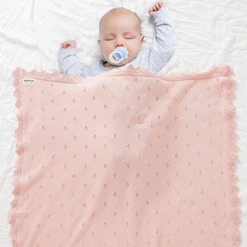 mimixiong Cotton Baby Blanket - Knitted Crochet Receiving Crib Swaddling Blankets for Newborn, Pastel Pink