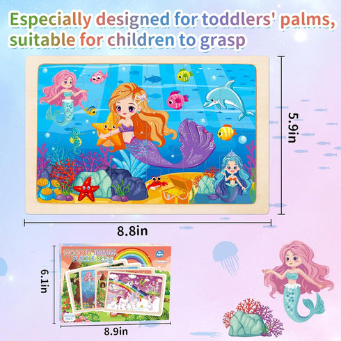 Sticeard 4-6,Unicorn Puzzles,24pcs 3-5,4 Pack 3 4 5 Wooden Puzzles for Kids Ages Princess Mermaid Fairy Kid Puzzles