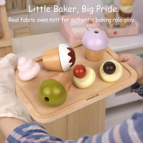 Set, 21 Set 3+ Pillowhale Wooden Cupcake Play Food Pcs Pretend Baking Toys with Interchangeable Toppings & Piping Bag