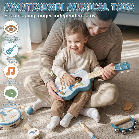 Set, 1-3, 7 1 Set Lehoo Castle Kids Guitar Dinosaur Guitar for Toddlers Wooden Montessori Musical Instruments