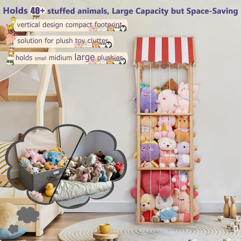 Edudif Stuffed Animal Storage, Space Saving Vertical Stuffed Animal Holder Wood, Easy Assembly Cottage-Style Plush Toys