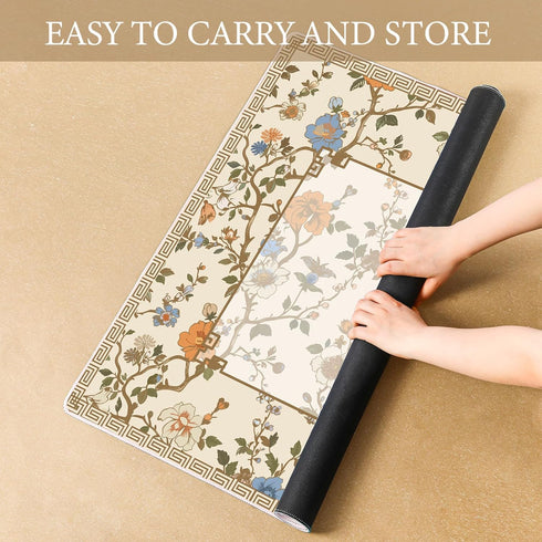 Sonwyoung 22 Inch Set Mini Chinoiserie Mahjong Mat for Travel Beige and White Floral Mahjong Mat Cute Small Domino