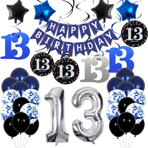 13th Birthday Decorations for Boys - Dark Blue HAPPY BIRTHDAY Banner and Silver Number 13 Balloons, Party Supplies