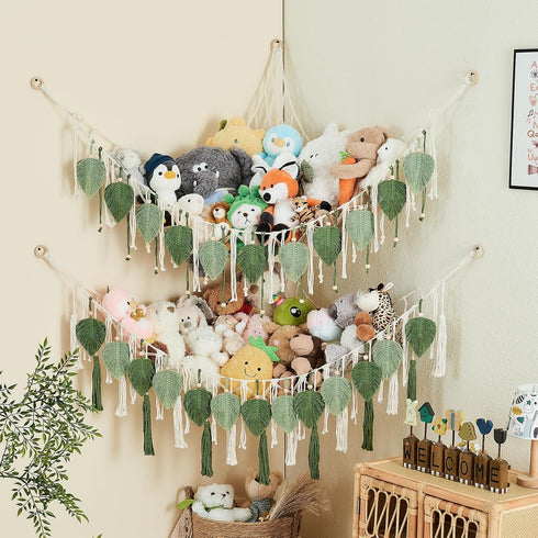 Hammock Pretty Jolly Stuffed Animal Storage with Hand Woven Leaf Tassels Corner Hanging Net Boho Macrame Plush Storage