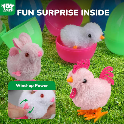 12 Packs TOY Life Easter Eggs Filled with Wind Up Chicks and Plush Bunnies, Plastic Easter Eggs Toys Inside, Easter