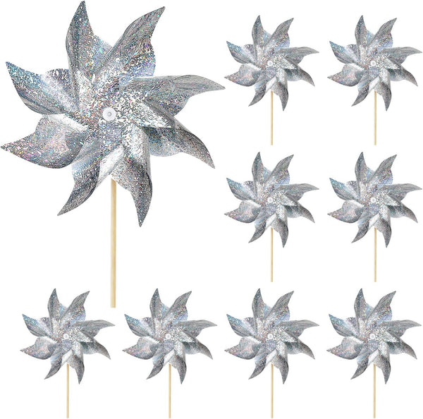 10 Pack Reflective Pinwheels for Yard and Garden - Wind Spinners Outdoor Bird Scare Devices