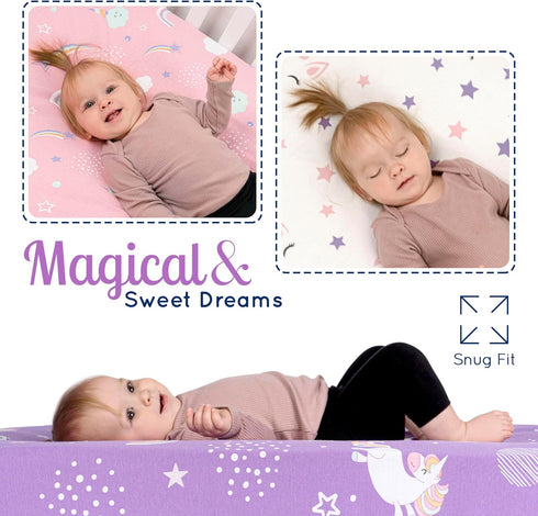 (3 Pack) Set GROW WILD Unicorns & Rainbows Fitted Crib Sheets Girl - Soft Jersey Cotton Fitted Sheet, Toddler Bed