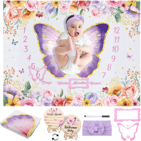 Butterfly Baby Milestone Blanket Set for Girls, Floral Monthly Growth Blanket with Wooden Signs and Bow Headband