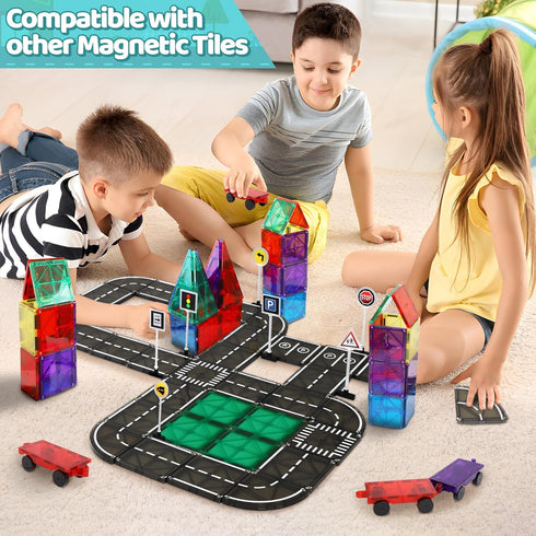 Set 50 3+ Playmags Magnetic Tiles Road - Pcs STEM Educational Construction Toy Car Track, Building Blocks Magnet Toys
