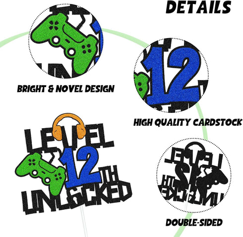 Level 12th Unlocked Cake Topper, Happy 12th Birthday Cake Decoration, Video Game Controller Theme Party Supplies