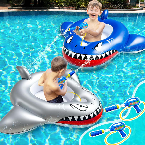 2 Pack Water Squirt Guns, Shark Pool Floats for Kids 3-8 Years, Inflatable Ride-on Toddler Pool Toys for Summer