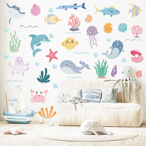 Ocean Animals Wall Decals - 5 Sheets 58 Pcs Under The Sea