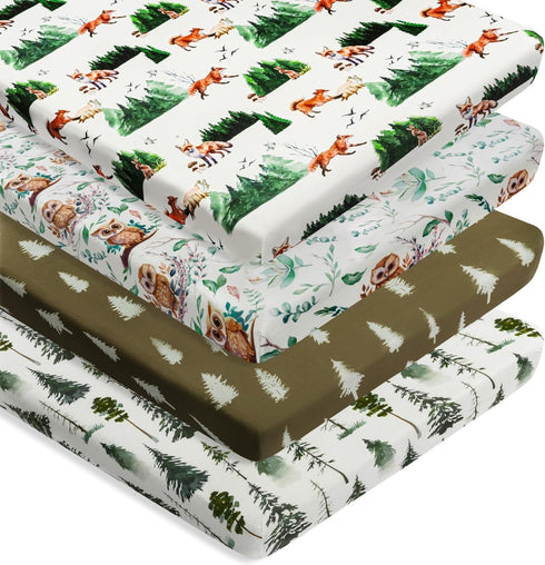 4 Pack N Play Sheets Woodland Forest Animals, Fitted Baby Sheets for Standard Pack and Plays and Mini Cribs