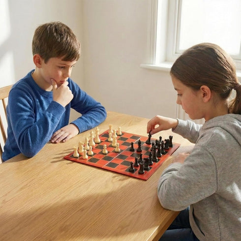 Hi-Q 3-in-1 Set Chess, Checkers & Tic-Tac-Toe Game Double-Sided Folding Board Staunton Style Pieces & Interlocking