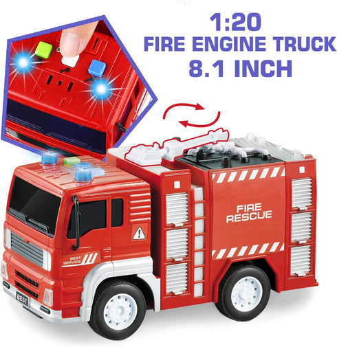 5 Pack Friction Powered Truck Toy Set (8 Inch), Including Garbage Truck, Construction Truck, Fire Truck, Police Car