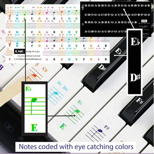 QMG Colorful Piano Stickers for Keys, Removable for 49/61/76/88 Key Keyboard, No Residue, Kids Learning