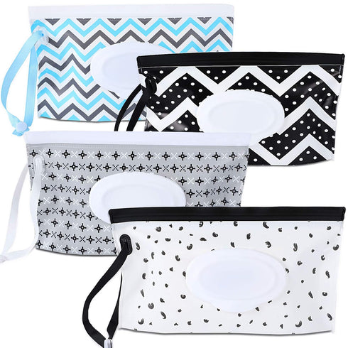 FEBSNOW 4 Pack Baby Wipe Dispenser, Portable Refillable Holder, Reusable Travel Wet Wipe Pouch (Geometric)