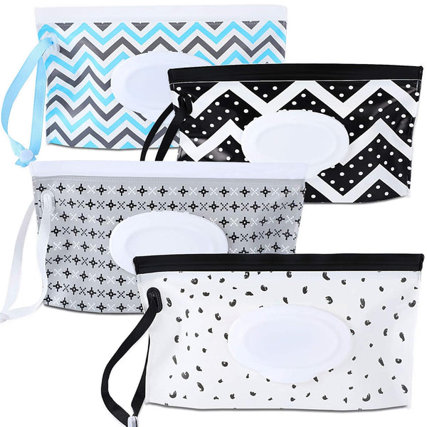 FEBSNOW 4 Pack Baby Wipe Dispenser, Portable Refillable Holder, Reusable Travel Wet Wipe Pouch (Geometric)