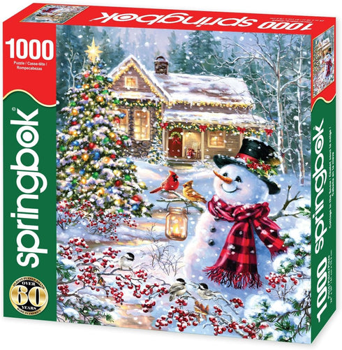Springbok Cottage in The Snow 1000 Piece Jigsaw Puzzle, Holiday Winter Scene with Snowman and Cardinals