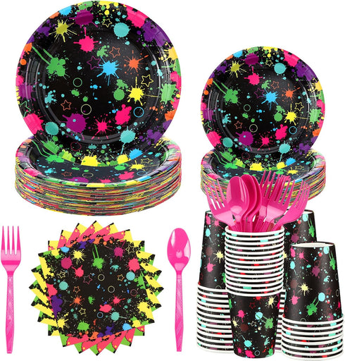 Yingzhao 180 Pcs Neon Birthday Party Supplies, Disposable Plates, Napkins, Cups, and Cutlery for 30 Guests