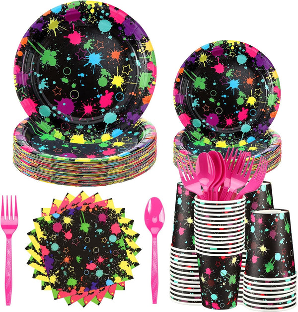 Yingzhao 180 Pcs Neon Birthday Party Supplies, Disposable Plates, Napkins, Cups, and Cutlery for 30 Guests