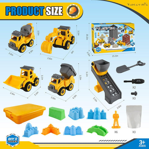 YIDESTARS 4 1 8 6 3lbs 3-6 Construction Sandbox with Lid - Vehicles with Conveyor, Castle Molds, Figures & Moldable