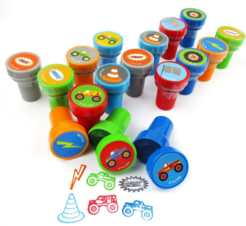 TINYMILLS 24 Pcs Monster Truck Assorted Stamps for Kids - Self Ink Stamps for Birthday Party and Classroom Rewards