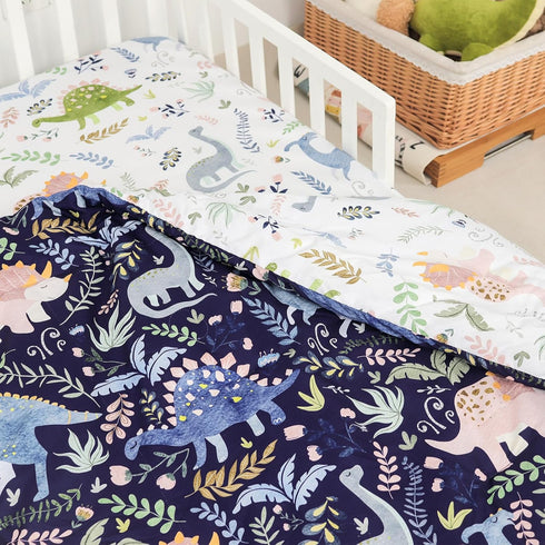 4 Set Set Set Pea Pod Piece Dinosaur Toddler Bedding for Boys, Premium Blue Toddler Comforter Crib Sheets Includes Flat