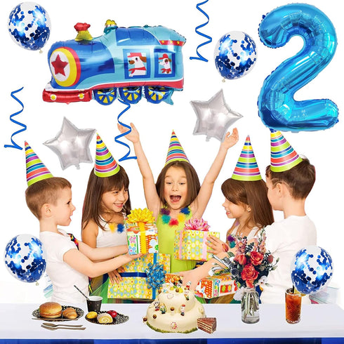 Weenkeey 2nd 2 Birthday Train Balloons - Giant Aluminum Foil Balloon Number Mylar for Railroad Party - Blue