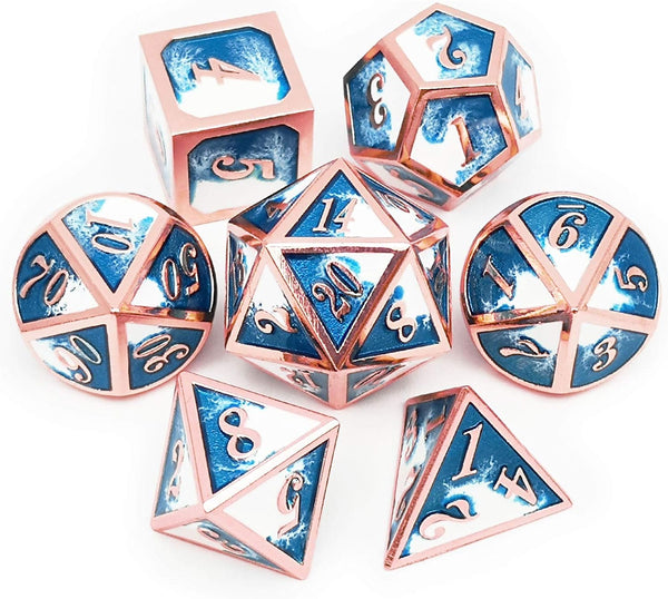 Haxtec Metal DND Dice Set, Copper Blue White D&D Dice with Leather Bag for Dungeons and Dragons RPG