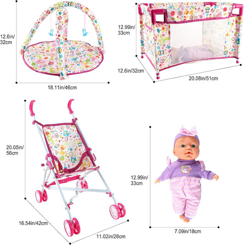 Set deAO Kids Baby Doll Stroller Nursery Role Play with a Variety of Feeding Toy and Play Mat Travel Cot Baby Carrier